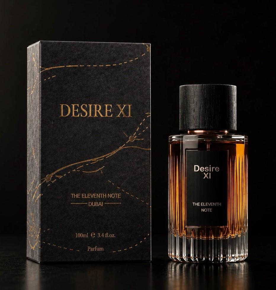 Desire XI parfum in fluted crystal with a blackwood cap, beside its gold-foiled box, lit against black.