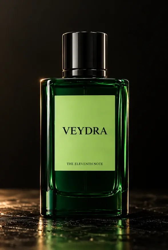 Veydra parfum in fluted crystal with a blackwood cap, beside its gold-foiled box, lit against black.