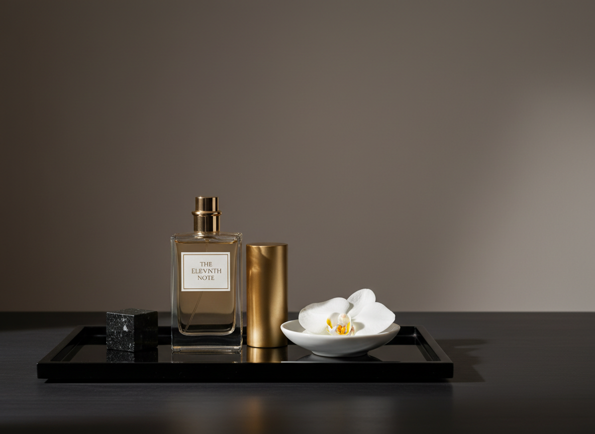 A refined still life showcasing THE ELEVENTH NOTE perfume bottle centered on a glossy black lacquer tray, surrounded by architectural decor objects: a small onyx cube, a brushed gold cylinder, and a porcelain dish holding a single white orchid bloom. The background is a smooth, deep taupe wall with a subtle gradient, while the tray rests on a satin-finished dark wood surface. Soft, directional studio lighting from the side creates a dramatic yet controlled contrast, with luminous reflections dancing across the glass bottle and metallic accents. Photographic realism, framed in a slightly off-center composition with ample negative space and gentle bokeh, evoking a serene, ultra-sophisticated Dubai penthouse ambiance.