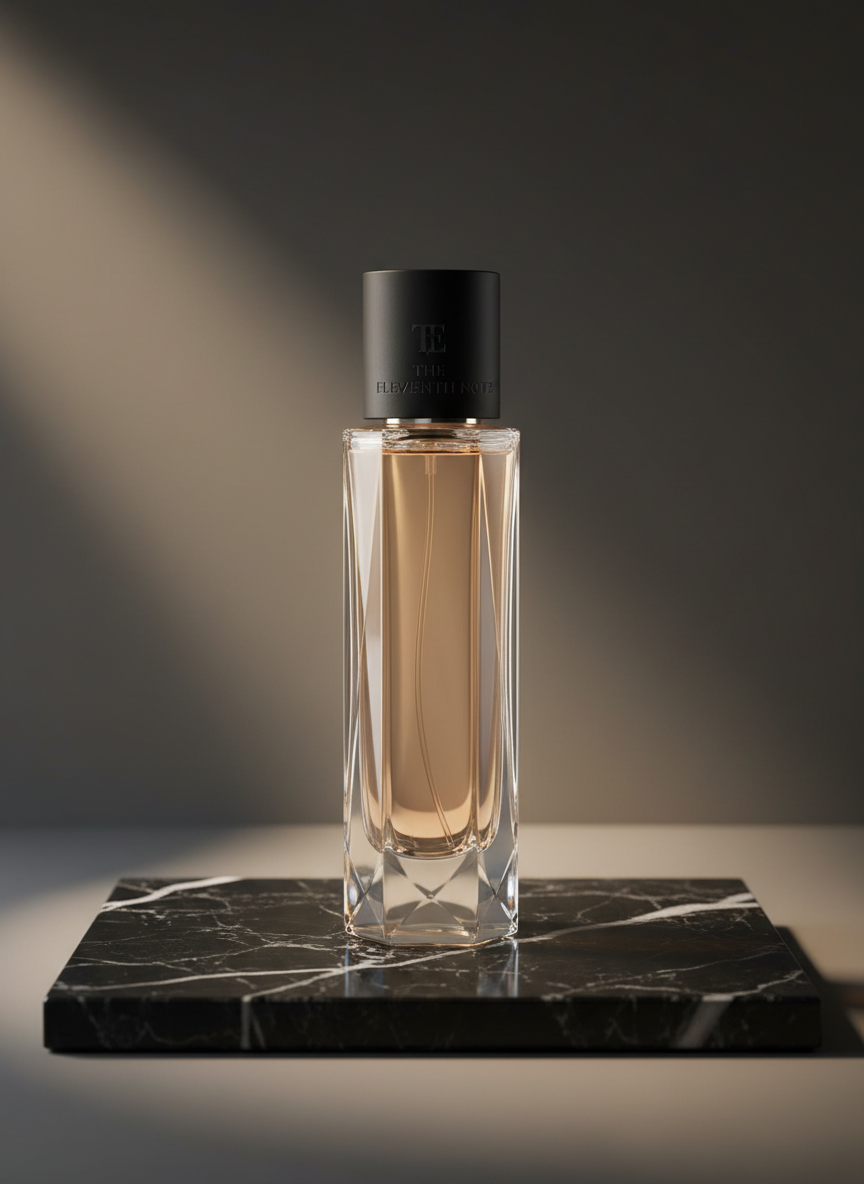 A tall, faceted crystal perfume bottle filled with a pale amber liquid, its heavy glass base catching light like a jewel, crowned with a minimalist matte-black cap bearing a subtle embossed logo reading “THE ELEVENTH NOTE.” The bottle stands alone on a flawless black marble slab with delicate white veining, set against a soft-focus gradient background shifting from charcoal to warm taupe. A single beam of diffused golden light from the upper left creates sharp, elegant reflections and a luminous halo around the bottle, while the rest of the scene falls into gentle shadow. Photographic realism, shot at eye level with a shallow depth of field, refined and sophisticated, designed to embody ultra-luxury fragrance branding.