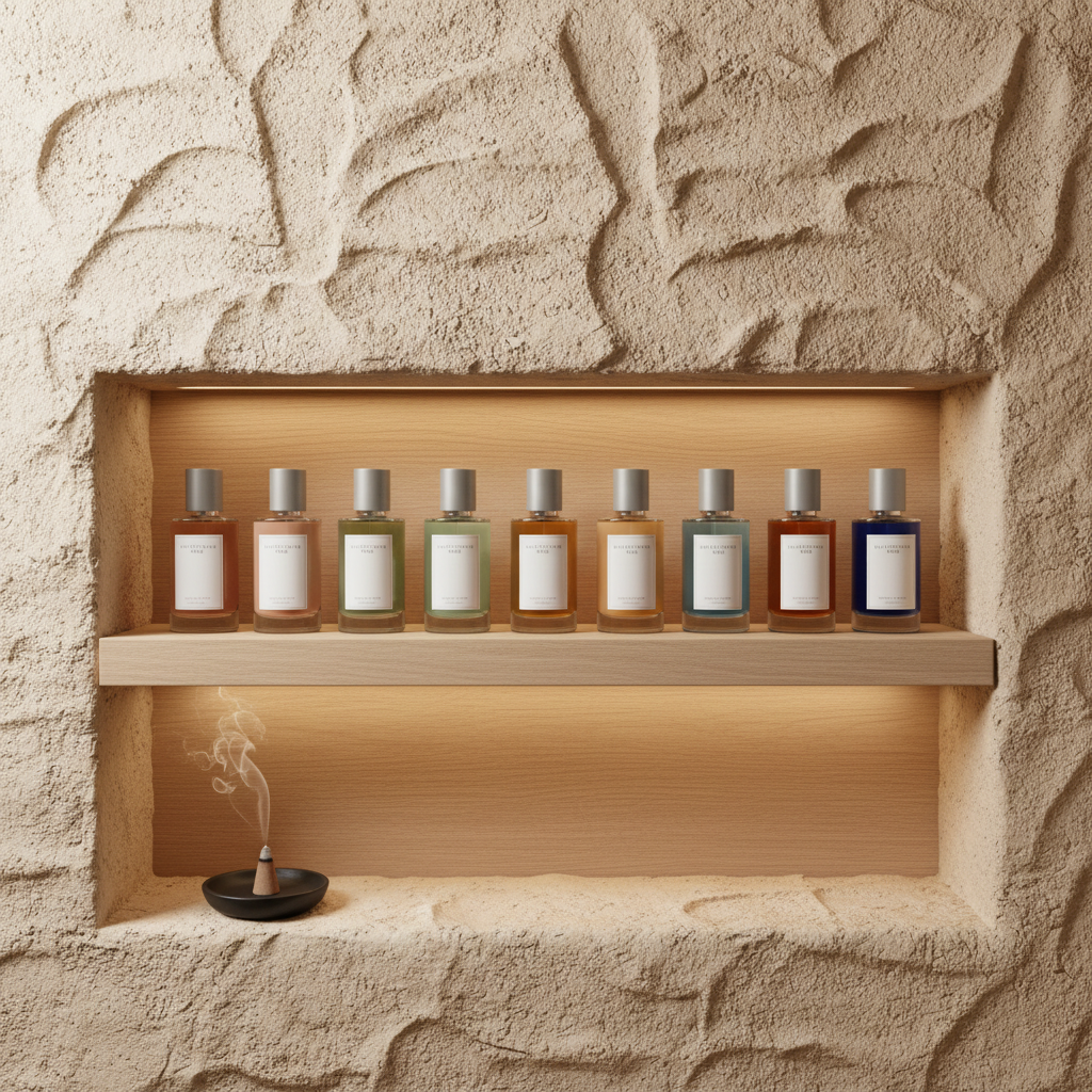 An overhead, photographic realism shot of a curated fragrance wardrobe shelf featuring multiple THE ELEVENTH NOTE bottles in a perfectly organized row, each with identical minimalist design but different subtle label tones indicating distinct scents. The shelf is crafted from pale oak with a flawless satin finish, built into a niche of textured, sand-colored plaster that hints at desert influences. Hidden LED strip lighting casts a warm, even glow along the back, creating a soft halo behind the bottles and crisp, elegant shadows in front. A single black ceramic incense dish with a faint wisp of smoke sits at one corner. The composition is symmetrical and meticulously tidy, conveying exclusivity, ritual, and a sophisticated, design-led lifestyle.