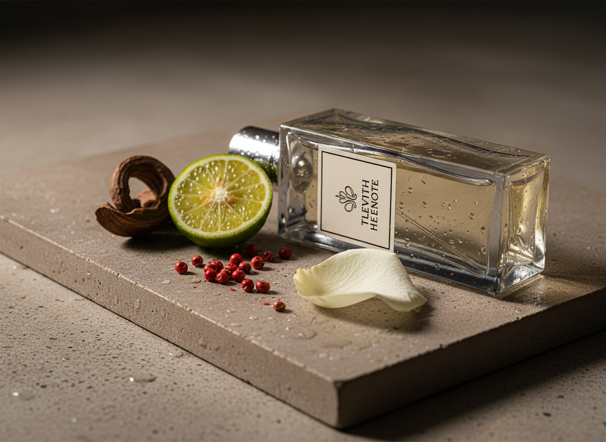 A close-up, photographic realism shot of a single premium perfume bottle from THE ELEVENTH NOTE lying horizontally on smooth, warm-grey concrete, tiny droplets of fragrance glistening on its flawless glass surface. The label is minimal, matte ivory with fine black typography and a subtle embossed emblem. Beside the bottle, raw perfume ingredients are artfully arranged: a curl of oud wood, a slice of bergamot, scattered pink peppercorns, and a single ivory rose petal. Soft studio lighting falls from the top left, creating refined highlights and controlled shadows that emphasize texture. Captured with a shallow depth of field at a low, intimate angle, the mood is sensual, sophisticated, and quietly opulent, perfect for showcasing fragrance craftsmanship.