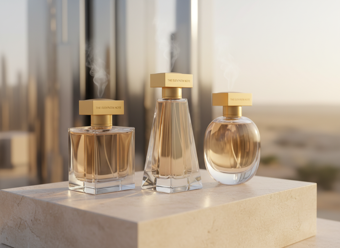 An arrangement of three distinct luxury perfume bottles from THE ELEVENTH NOTE, each crafted from thick, ultra-clear glass with subtly different geometric silhouettes, aligned with precision on a creamy travertine stone surface. Behind them, an abstract skyline of Dubai is suggested through blurred metallic architectural forms and hints of desert sand tones. Soft, diffused golden-hour light filters from the right, creating delicate highlights along the glass edges and casting elongated, elegant shadows. Wisps of translucent fragrance mist curl upward, barely visible. Photographic realism with a slightly elevated three-quarter angle, clean and modern composition using the rule of thirds, emphasizing sophistication, refinement, and a sense of place rooted in Dubai luxury.