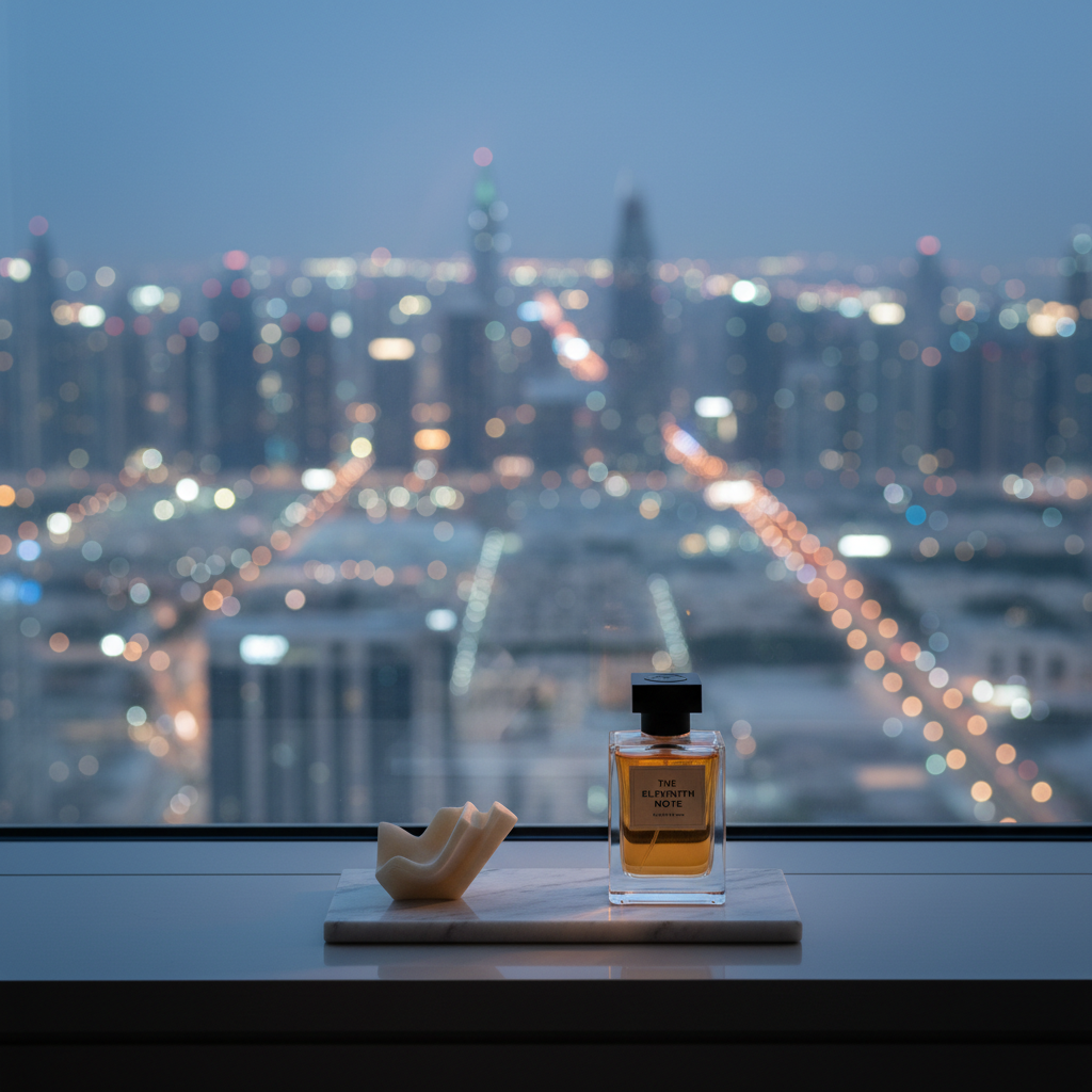 A serene, photographic realism scene of THE ELEVENTH NOTE fragrance bottle placed on the ledge of a large floor-to-ceiling window in a high-rise Dubai setting, with the city’s skyline rendered as a soft, out-of-focus glow in the background. The bottle stands on a thin slab of white marble, next to a single small alabaster sculpture. Early evening blue-hour light seeps in from outside, while a warm interior lamp casts a gentle, golden rim light around the bottle’s edges, creating a delicate interplay of cool and warm tones. Shot at eye level with the perfume bottle in sharp focus and the background in creamy bokeh, the mood is contemplative, elevated, and cosmopolitan.